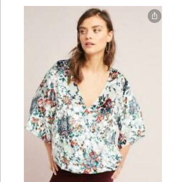 Anthropologie Maeve Top Umi Wrap Blouse Floral Small Velvet Burnout Embossed - Picture 11 of 11